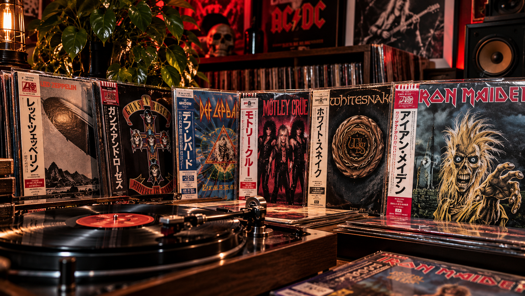 Japanese rock and metal vinyl collection with obi strips on the front of album jackets
