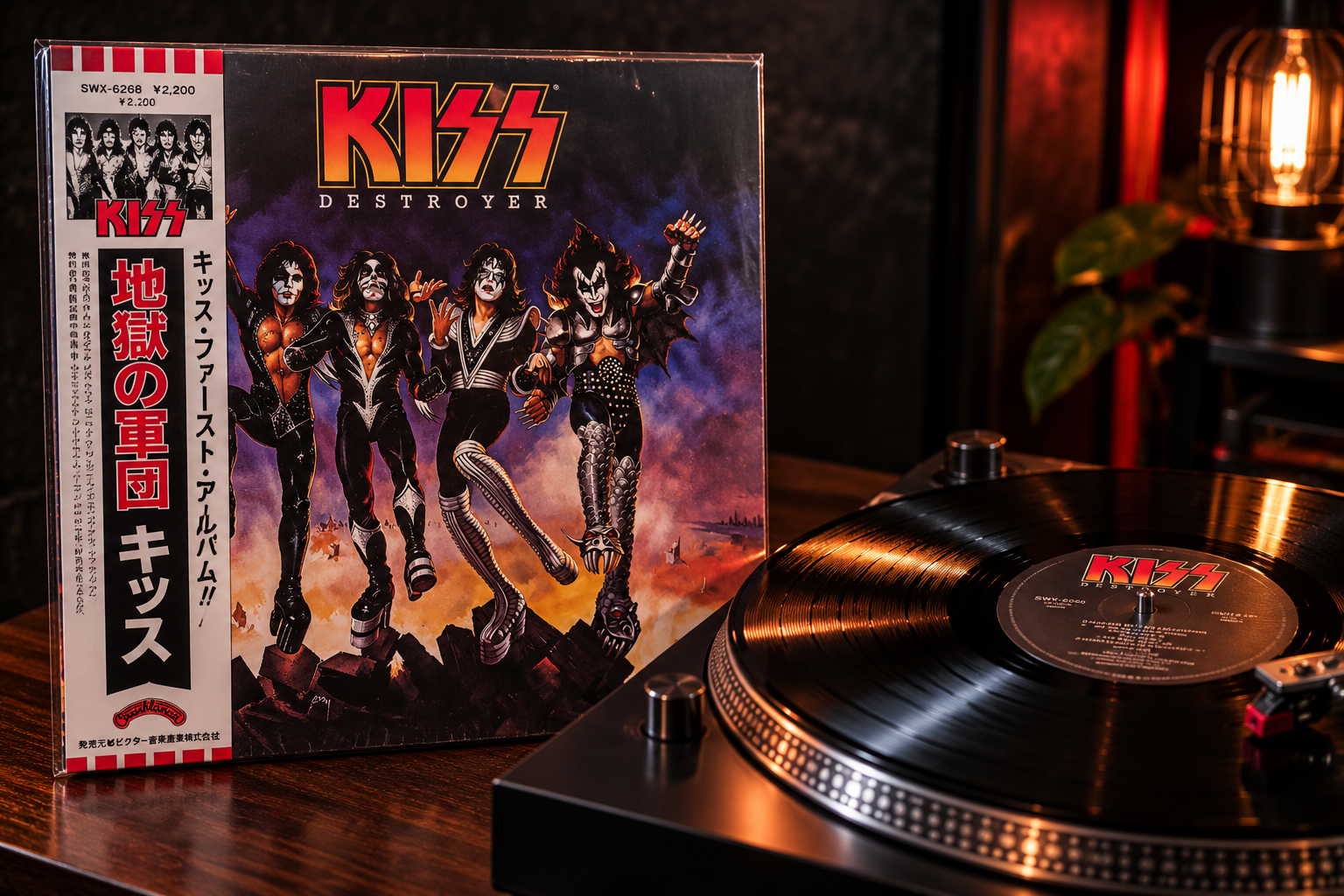 Illustrative Japanese rock album sleeve and vinyl listening scene