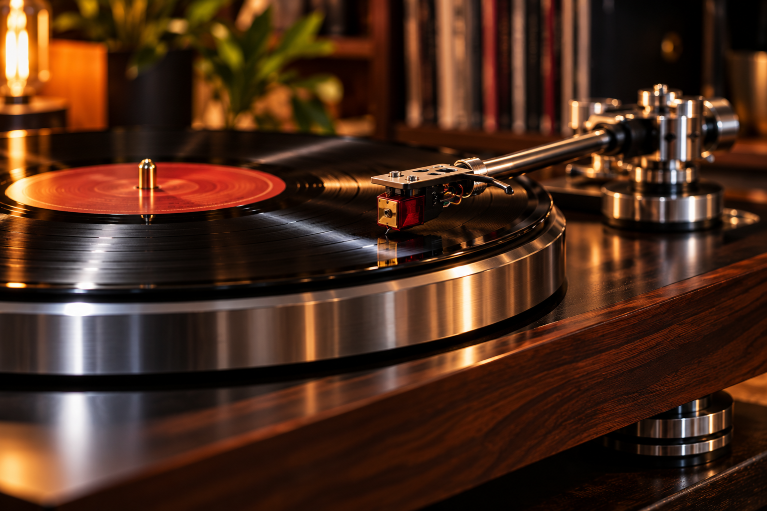 Close-up of a premium turntable, tonearm and vinyl record during playback