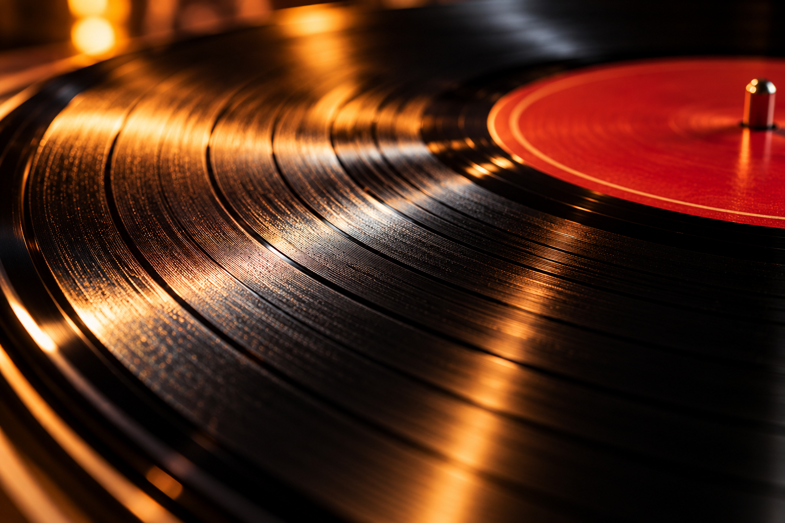 Macro view of the reflective grooves and centre label of a black vinyl record