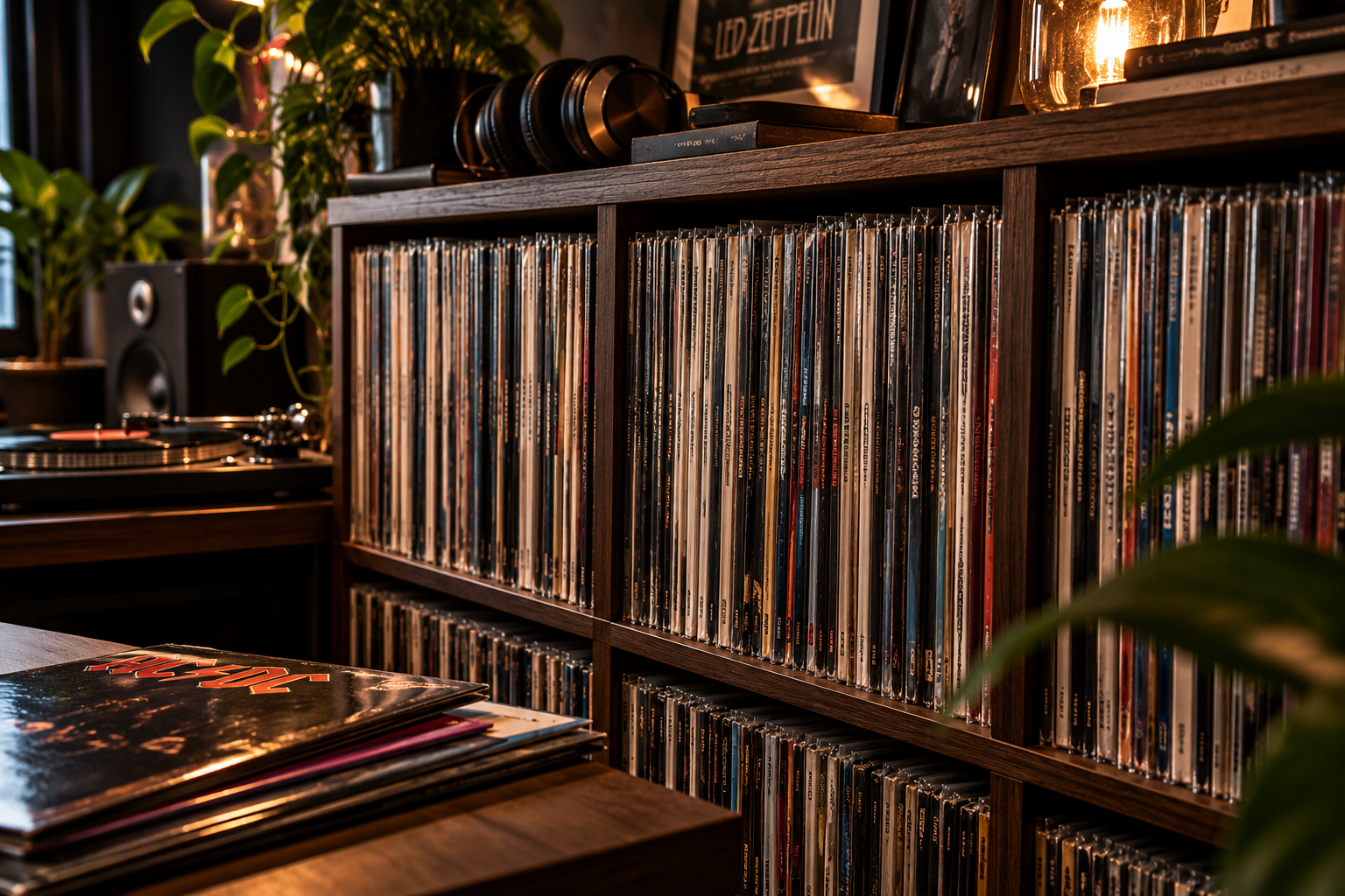 Vintage vinyl records in a listening nook
